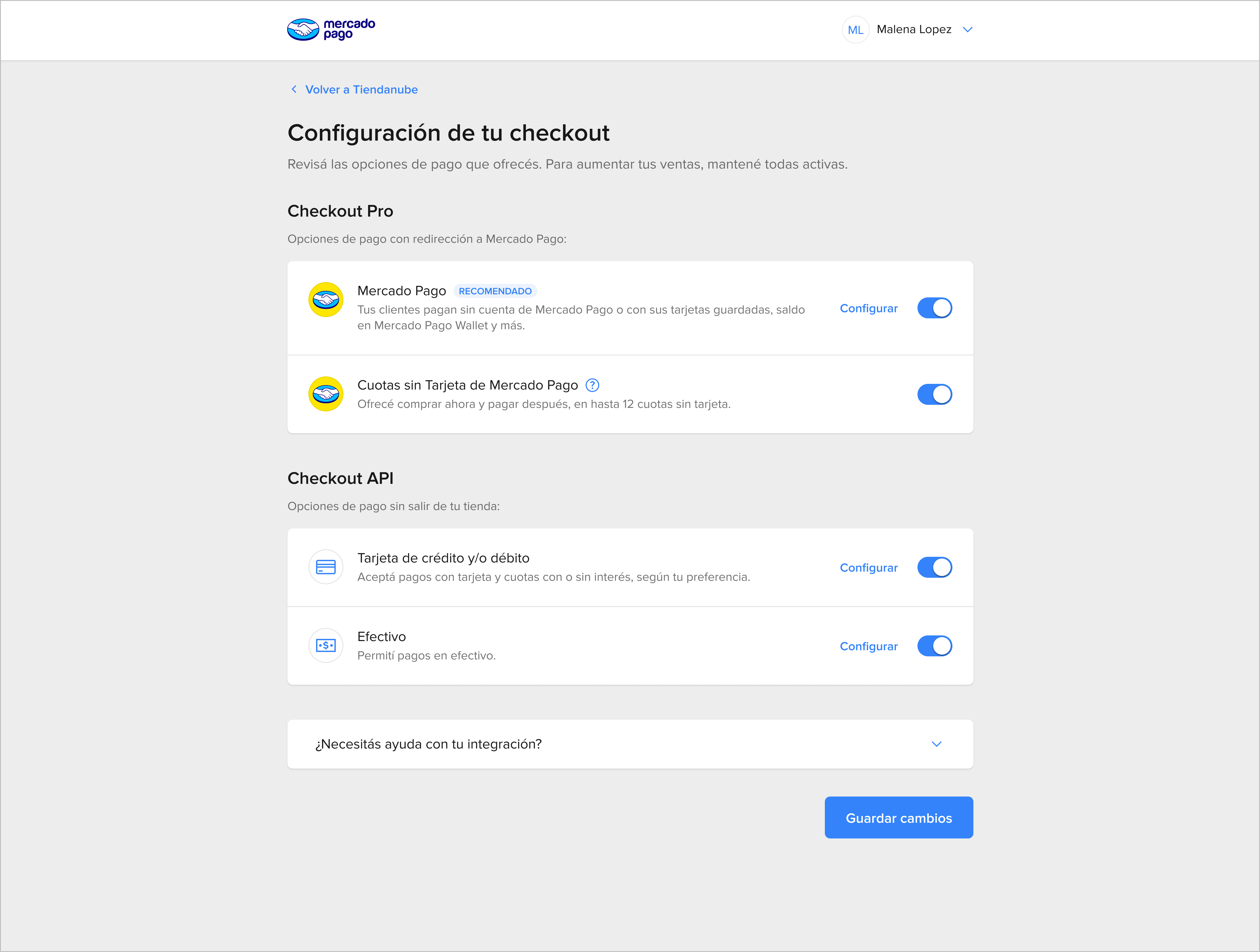 Pantalla Configuración de tu checkout